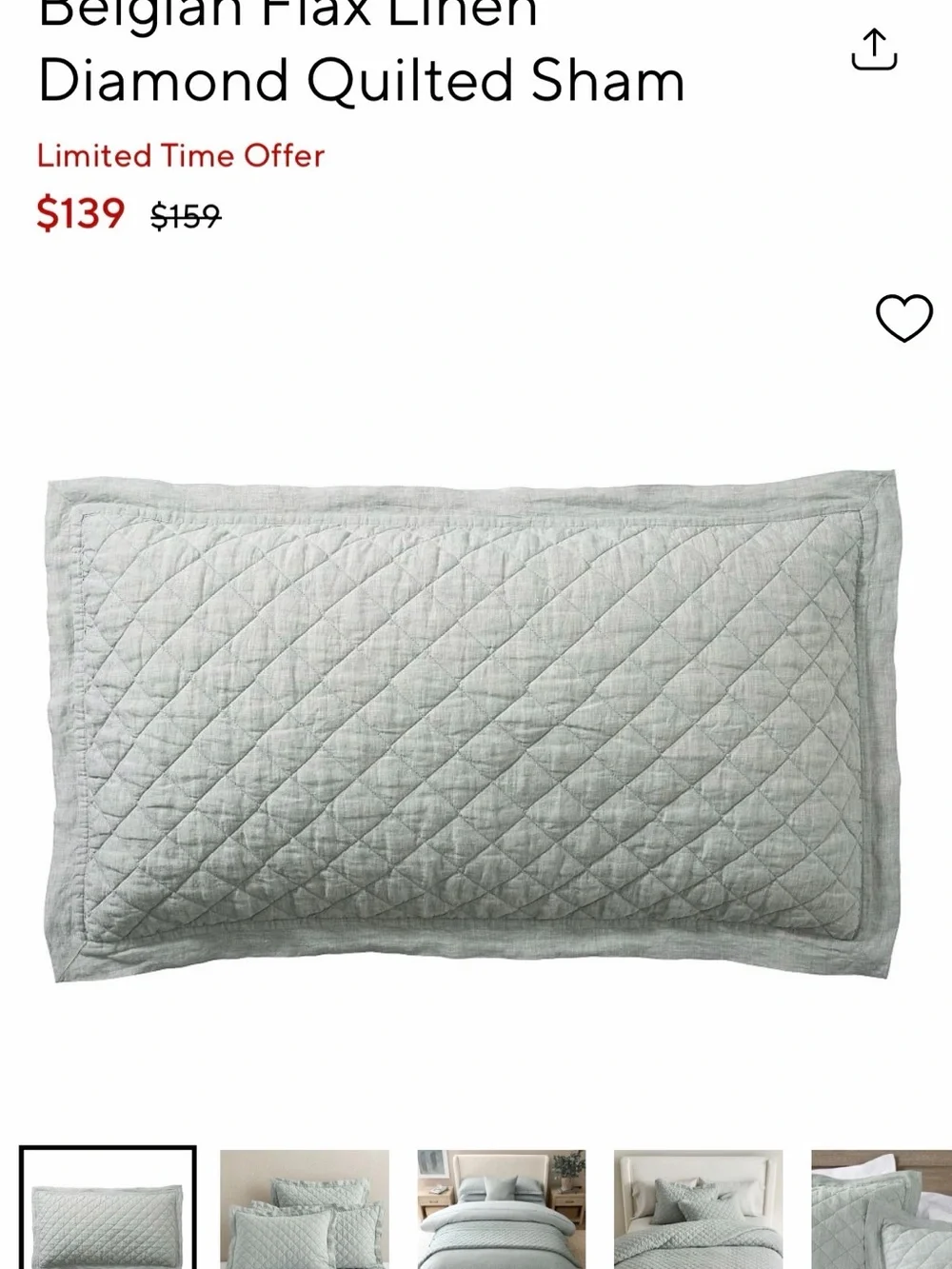 Pottery Barn Belgian Flax Linen Diamond Quilted Sham - Mineral Blue